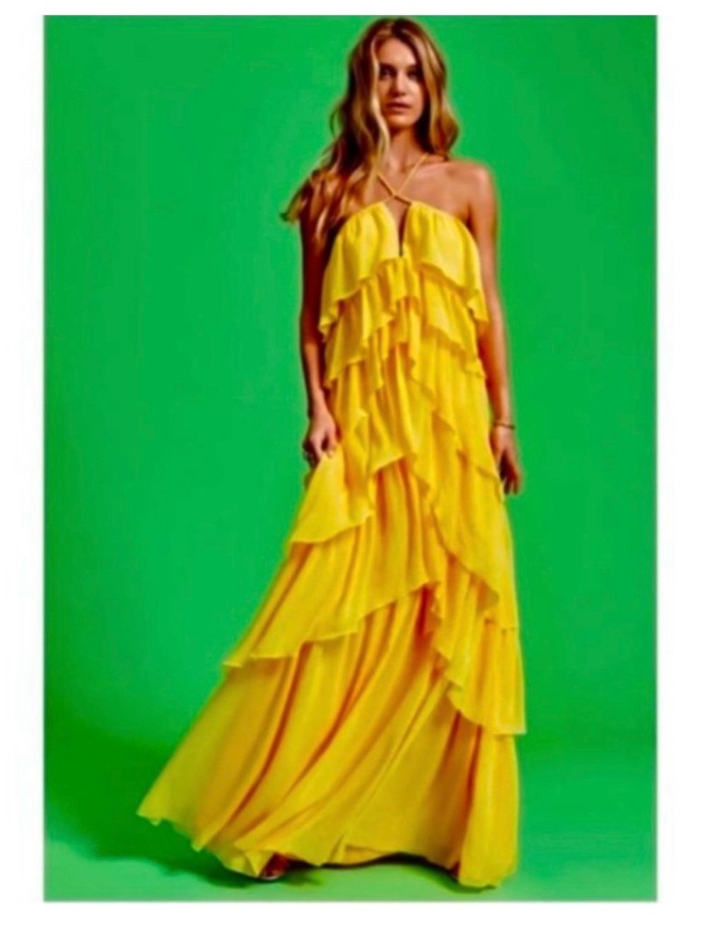 RAMY BROOK ALORA HALTER MAXI DRESS MEDIUM YELLOW TIERS RUFFLED EXC PREOWNED
